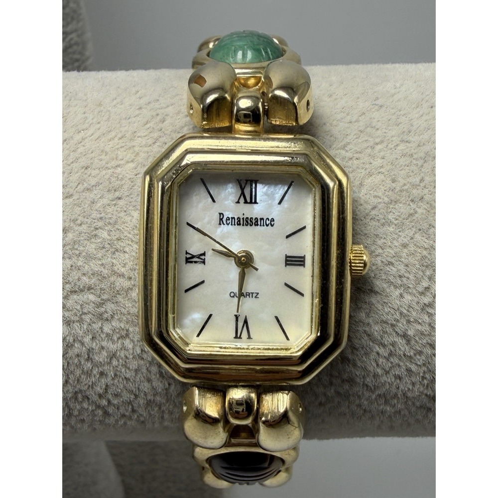 Renaissance Scarab Beetle Gemstone Ladies MOP Watch New Battery 22MM 7.5"